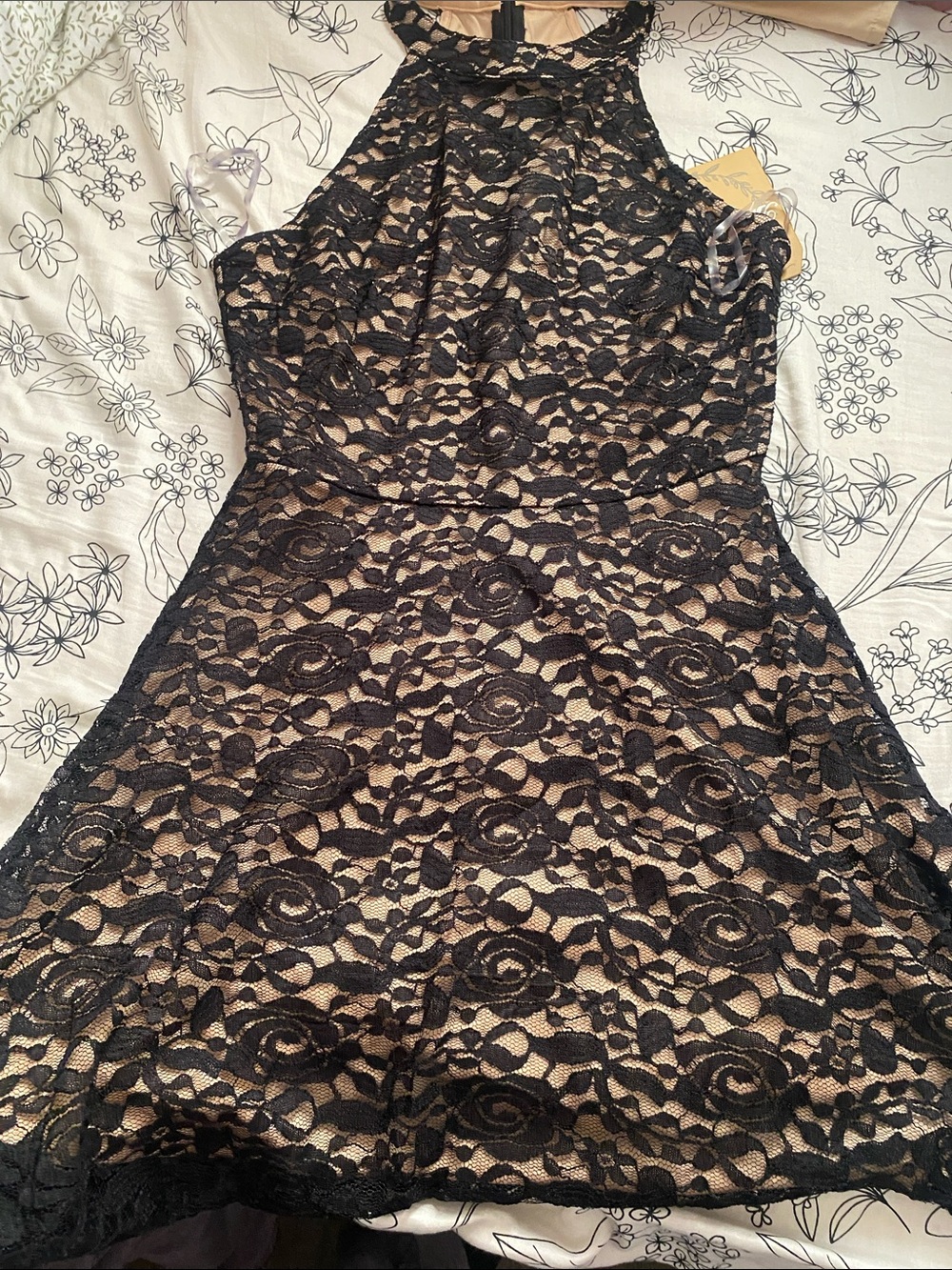 ANDREE BY UNIT Black Lace Mini Dress with Nude Underlay